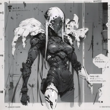 monsters-creatures, cyborg girl <lora:epiNoiseoffset_v2:1.3>, <lora:blameLora_v10:1>, heavy black and white, (((concept art, drawing, sketch, Undd, solo))), <lora:Undead Nirasawa II:0.6>,