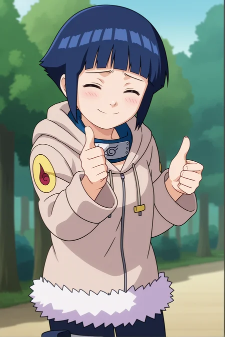 score_9, score_8_up,source_anime,
 <lora:HinaGeninXL:1>,short hair, dark blue hair, 1girl, blunt bangs, shiny hair, hoodie, solo, hood down, long sleeves, looking to the side,shy, blush, fur trim, capri pants, standing, smile, closed mouth,standing, cowboy shot, bandages, thigh holster,konohagakure symbol, forehead protector,head tilt,double thumbs up, closed eyes, 
outdoors, forest,
anime screencap, anime coloring,