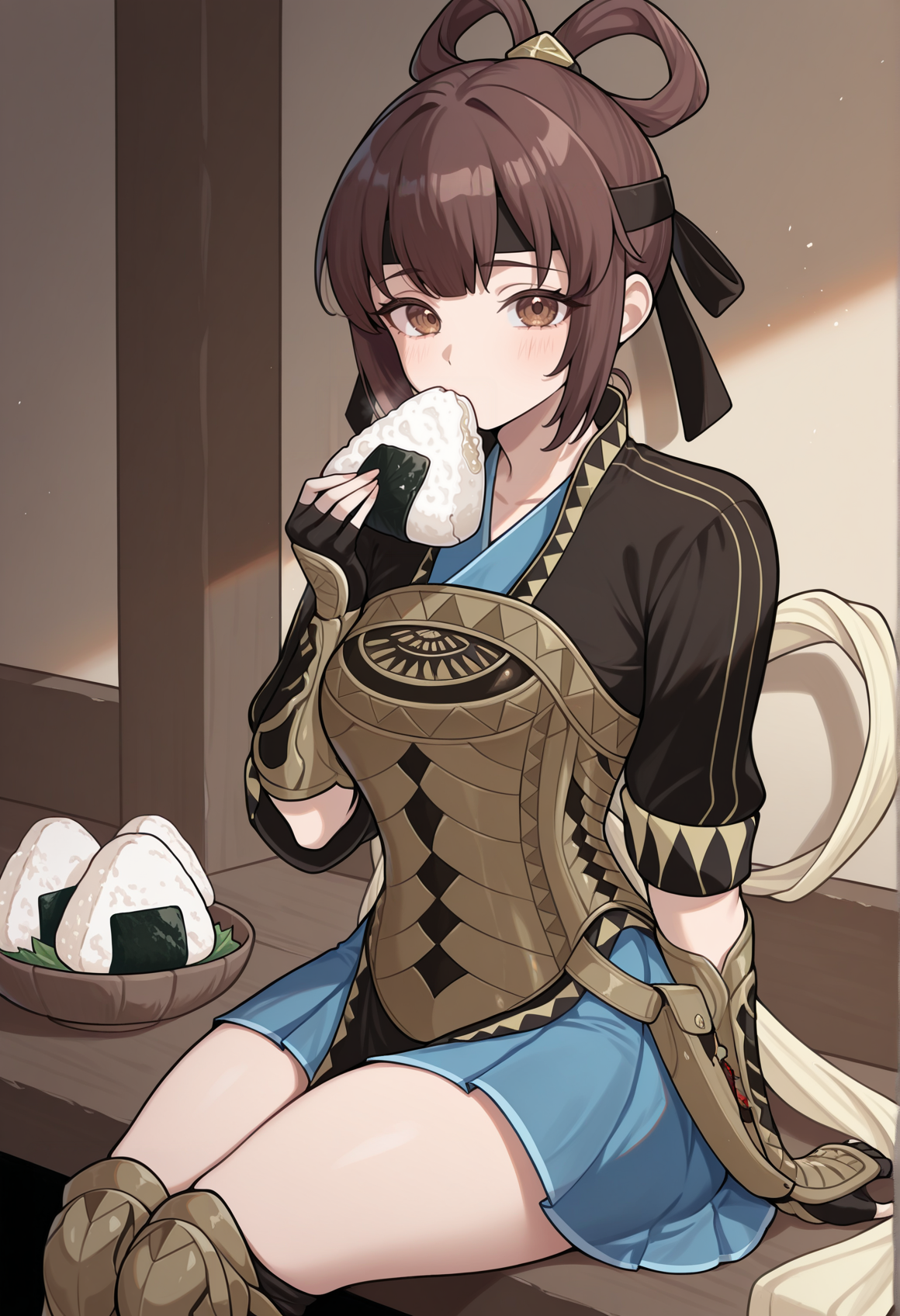 1girl, solo, brown hair, hair rings, brown eyes, headband, chinese clothes, black shirt, armor, blue skirt, armored boots, fingerless gloves, sitting, holding onigiri, looking at viewer <lora:Miakis_Illus:1>, masterpiece, best quality, amazing quality, very aesthetic, absurdres, highres, newest