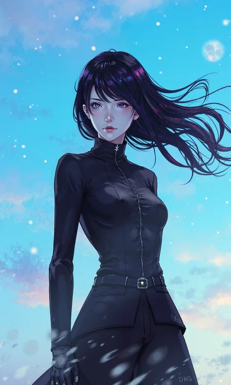A slender Japanese woman with porcelain skin and raven-black hair, dressed in an avant-garde outfit, strikes an eccentric pose against a wintry, holographic sky backdrop. Inspired by the iconic poses of JoJo's Bizarre Adventure, her confident demeanor is accentuated by dynamic angles and vibrant colors, reminiscent of a Hayao Miyazaki film. Soft, diffused light with a cool blue undertone, characteristic of a winter morning, casts a gentle glow on her face, illuminating her bold expression. The scene is shot with a shallow depth of field, using a 50mm lens with a subtle film grain, and graded with a pastel color palette to evoke a dreamy, ethereal atmosphere. The painting is in the style of umesky<lora:ume_sky_v2.safetensors:0.8:0.8>
