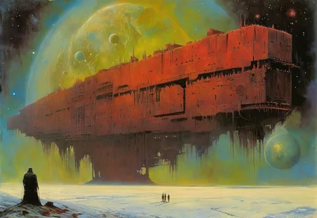 The ringworld, a supermassive giant construct floating in space, represents the last hope and final frontier of a dying human race. it has sleek complex yet deteriorating structure,  silhouetted by the dim, fading light of a distant supernova. The lighting is soft but mournful, casting a cold red hue over the scene. A sense of tragic beauty permeates the air, as the ruins of humanity’s once-great empire stretch into infinity.stars,nebula,void,haze, Artists:John Harris, Chris Foss, John Berkey,Ralph McQuarrie, H. R. Giger, Zdzisław Beksiński


best quality, masterpiece, painting, concept art,  ,professional,perfection,visually stunning,mesmerizing,disturbing,gloomy painted in high resolution,close-up,colorful,color contrast,acid colors,epic scale,scenery, (no humans:1.5),scifi,post-apocalypse,dystopian,beyond reality,visionary,perfect composition,centered,
