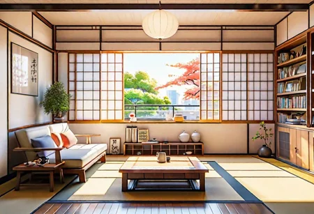 ((front view)), ((Japanese animation style)), modern-style interior, with white walls, (large windows), Nordic-style furniture, a  study, Sofa, coffee table, bookcase, single wall, 
warm light morning sun, (the view of the city)