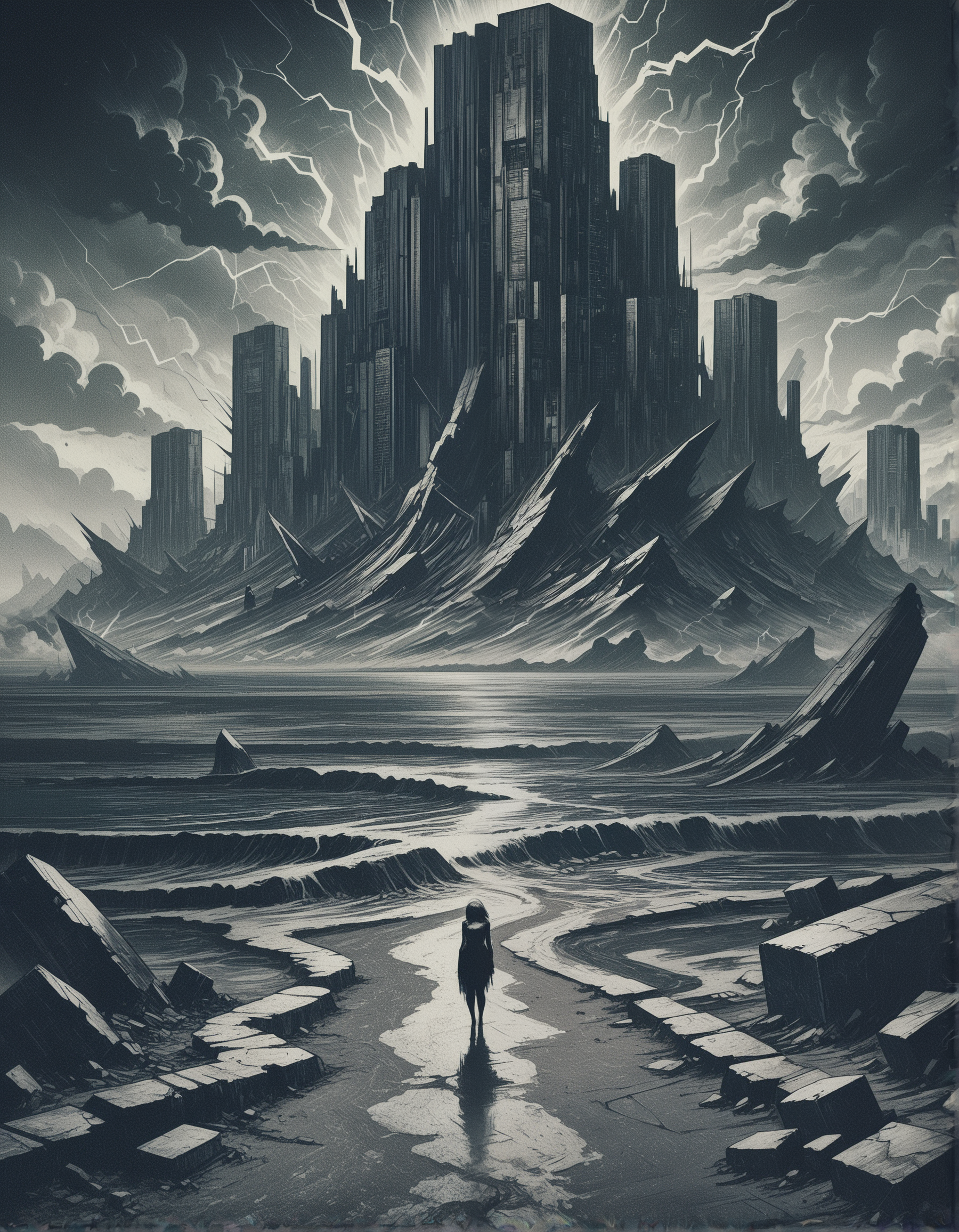 gothic, digital illustration, flat colors, line art, heavy film grain, dystopian sci-fi city, gigantic structures, concrete shore, dark ocean, thunder clouds, dark atmosphere, eerie