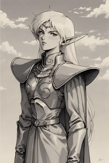 solo,pointy ears,1girl,Deedlit,armor,monochrome,amor,cape,elf,long hair,retro artstyle,signature,looking at viewer,cloudy sky,white background,score_8_up,<lora:Yutaka Izubuchi_XL_PONY:0.9>,