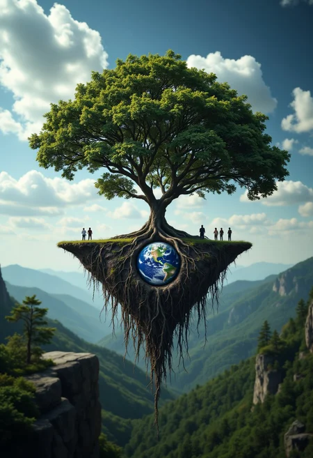 A giant hand made of tree roots emerging from the earth, holding a small planet in its palm.
aidmaimageupgrader, aidmaHyperrealism, aidmaMJ6.1, aidmafluxpro1.1