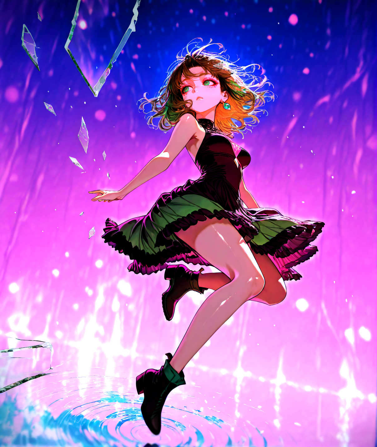 masterpiece,best quality,solo,(solo focus:1.4),(solo:1.2),1girl,(Full body Shot:1.1),detailed background,dramatic lighing,cinematic still,<lora:BrokenGlass_illusXL_Incrs_v1:1.3>,glass shards,pink eye makeup,pink eyeshadow,light skin , medium hair , two-tone hair, brown hair , Multicolour iris, suspicious eyes, dark green eyes , realistic eyes, detailed eyes , looking away from viewer, looking to the side, from the side , medium breasts,multicolor background,colorful,at night,clothing in wind,hair in wind,[magical girl, dress | goth, gothic dress],reflection,broken glass,full body shot,jumping, freeze frame, mid air, jumping straight up ,<lora:BLE(Illust)0.1v:1>,ripples,galaxy,neon lights,film grain,particles,blurry background,bokeh background,stars,realistic,jewelry,featured on pixiv,<lora:ChamIllustriousBackgroundEnhancer>,<lora:UK shiny_skin1v_ILXL:0.8>,shiny skin,