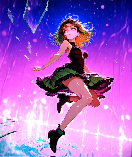 masterpiece,best quality,solo,(solo focus:1.4),(solo:1.2),1girl,(Full body Shot:1.1),detailed background,dramatic lighing,cinematic still,<lora:BrokenGlass_illusXL_Incrs_v1:1.3>,glass shards,pink eye makeup,pink eyeshadow,light skin , medium hair , two-tone hair, brown hair , Multicolour iris, suspicious eyes, dark green eyes , realistic eyes, detailed eyes , looking away from viewer, looking to the side, from the side , medium breasts,multicolor background,colorful,at night,clothing in wind,hair in wind,[magical girl, dress | goth, gothic dress],reflection,broken glass,full body shot,jumping, freeze frame, mid air, jumping straight up ,<lora:BLE(Illust)0.1v:1>,ripples,galaxy,neon lights,film grain,particles,blurry background,bokeh background,stars,realistic,jewelry,featured on pixiv,<lora:ChamIllustriousBackgroundEnhancer>,<lora:UK shiny_skin1v_ILXL:0.8>,shiny skin,
