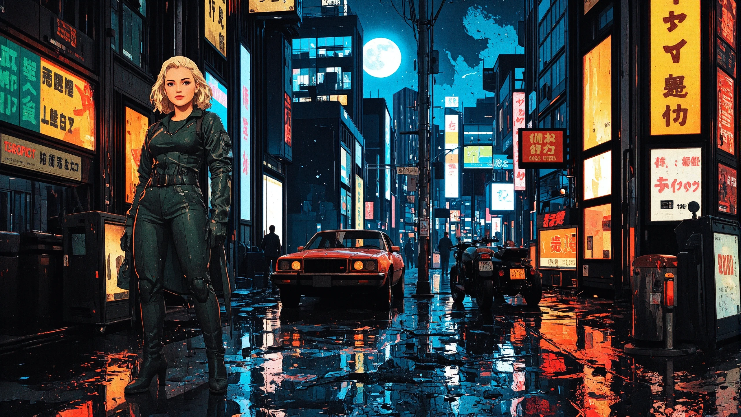 prom hairstyle strawberry blonde hair young woman, anime, comic, illustration, cyberpunk, futuristic, extremely detailed, portrait, standing, happy smile, beautiful cyberpunk tokyo buildings landscape, wet floor, windows, car, motorbike, moon in the sky, bright neon lights, screen holograms, kanjis, raytracing, hdr, high contrast, cinematic lights, backlight, reflections, legs, heels, sharp focus, luminous Forest Green robot glossy brilliant armor, body lights, body circuits, glossy lipstick, necklace, v-shaped earrings, colorful, retrowave, shadows, vibrant colors, colorful, bright, pretty, beautiful, feminine, sexy, lovely, in love, adorable, fashion, <lora:Hand v2:1> <lora:Anti-Blur:2> <lora:Insane Detail Slider:0.5>  <lora:flux.1_lora_flyway_Epic-detail_v2:0.3><lora:fluxenhancer:0.5> <lora:RetroAnimeFluxV1:0.4> <lora:CPA:0.8> <lora:Luminous_Shadowscape:0.4>
