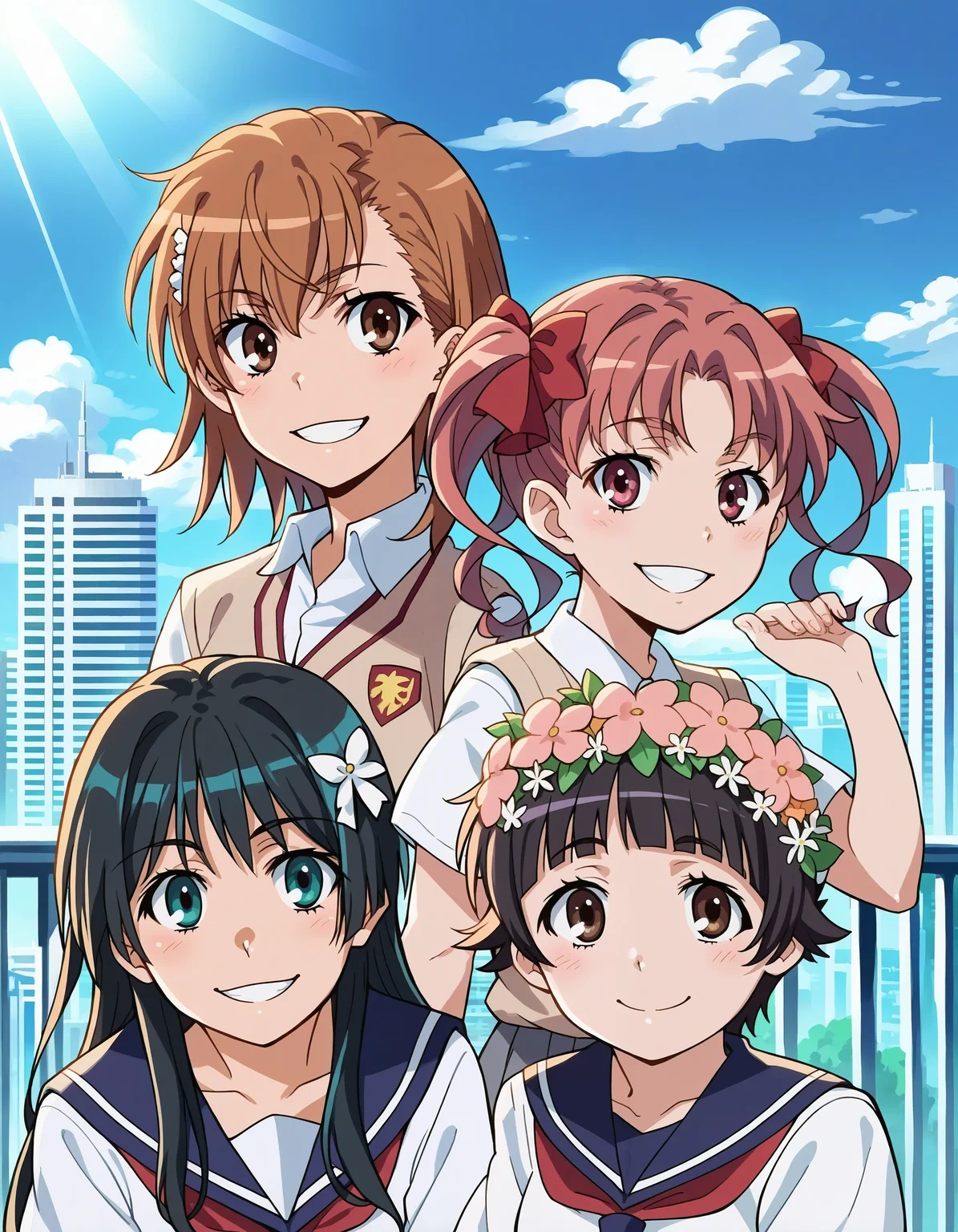 score_7_up, source_anime,
4girls, together, smile, city, outdoors, sunlight, looking at viewer, together, school uniform, upper bodies,
 BREAK
misaka mikoto, 4girls,
 BREAK
shirai kuroko, twintails, 4girls,
 BREAK
saten ruiko, 4girls,
 BREAK
uiharu kazari, hair flower, black hair, [sailor collar:8], 4girls
<lora:style_railgun-pony-v1.7:1>