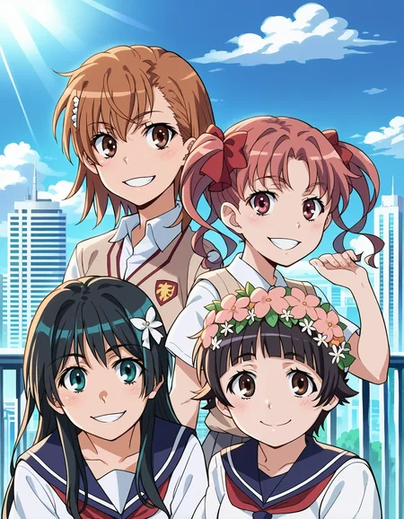 score_7_up, source_anime,
4girls, together, smile, city, outdoors, sunlight, looking at viewer, together, school uniform, upper bodies,
 BREAK
misaka mikoto, 4girls,
 BREAK
shirai kuroko, twintails, 4girls,
 BREAK
saten ruiko, 4girls,
 BREAK
uiharu kazari, hair flower, black hair, [sailor collar:8], 4girls
<lora:style_railgun-pony-v1.7:1>