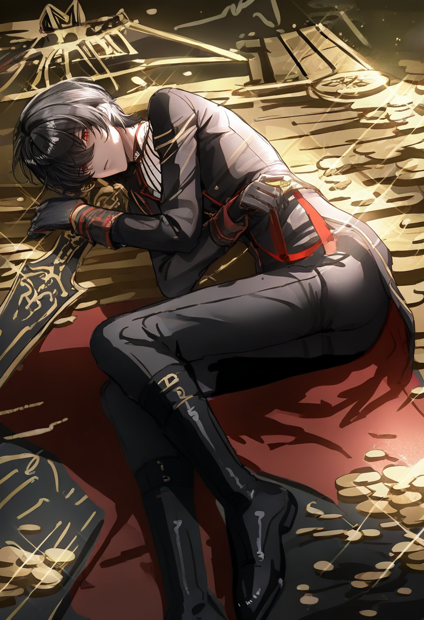 1boy, male focus, solo, gloves, black footwear, red eyes, black gloves, pants, boots, lying, short hair, black hair, long sleeves, looking at viewer, shirt, holding, black pants, jacket, bangs, black jacket, white shirt, coin, weapon, full body, on side <lora:cuso4XL_NBVP1_lokr_V6311PZ:0.95>
