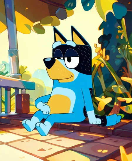 score_9, score_8_up, score_8, 1boy, solo, <lora:blueyxl:1>, source_furry, blueyxl, bandit heeler, boxchibi, anthro, furry, tail, sly expression, blue body, brown belly, simple outdoor background, lazy