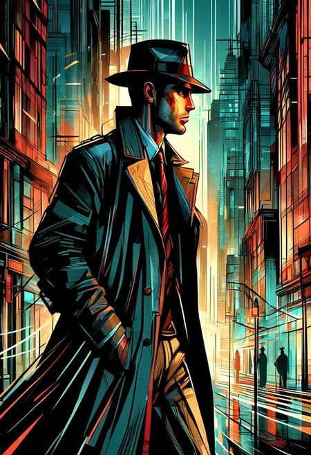 A hard-boiled noir detective in a fedora and trench coat stands under a streetlight on a rainy city street, smoke from a cigarette curling around him. Art Deco buildings, shadows, reflections, extreme close-up, portrait, moody lighting.