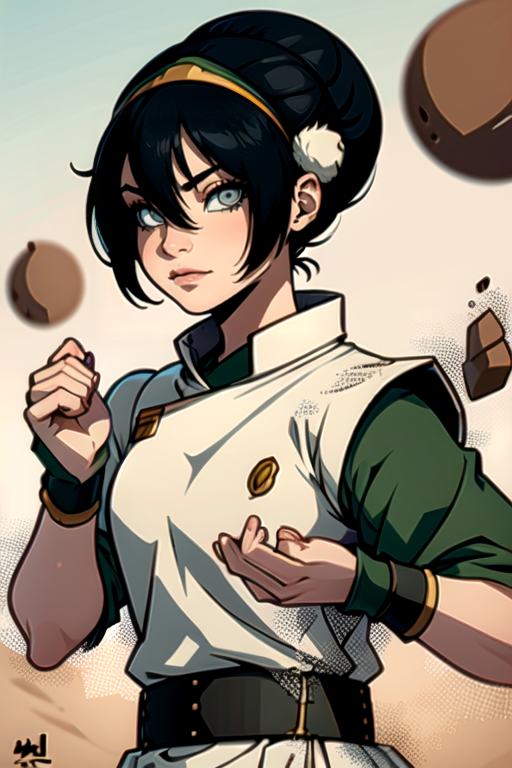 <lora:Toph:1> toph, 1girl, solo, looking at viewer, bangs, black hair, hair between eyes, closed mouth, upper body, hairband, artist name, hair bun, grey eyes, chinese clothes, clenched hands, fighting stance, white eyes, blind