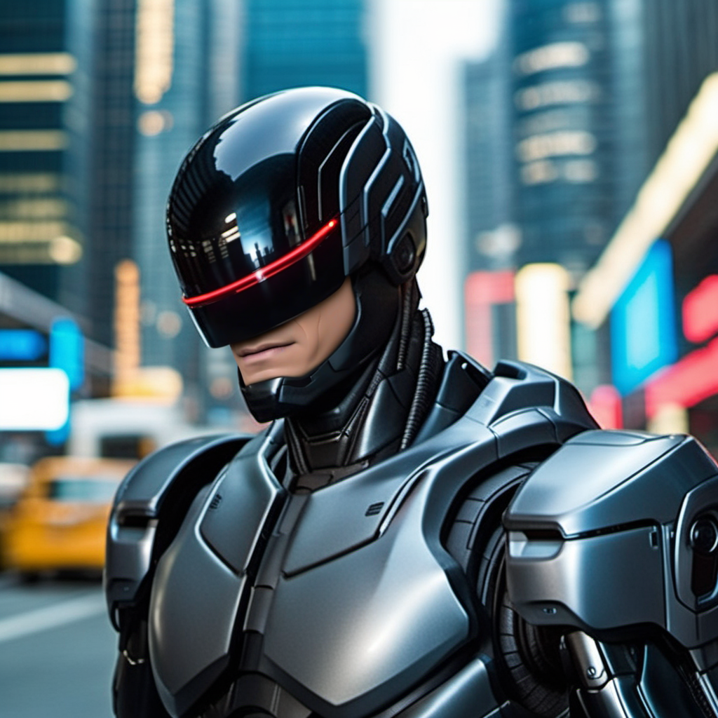 Robocop2014, a black armored robot, full body, cyberpunk city background, highly detailed,  photography, ultra sharp, film, professional, 64k <lora:add-detail-xl:1.5>  <lora:Robocop2014-1024-000325:0.6>