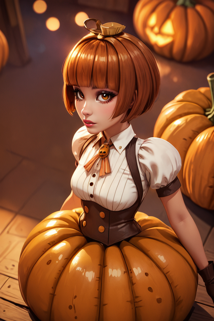 score_9, score_8_up, score_8, medium breasts, (curvy), cute, eyelashes,       BREAK, , ,,, zzPmpknGrl, brown eyes, short hair, brown hair, blunt bangs,  gloves, thighhighs, short sleeves, jack-o'-lantern, pumpkin, shirt, sitting, white shirt, <lora:PumpkinGirl_Masashi_PDXL:0.8>,   ,,, , BREAK,  (ultra realistic,32k, masterpiece:1.2),(high detailed skin:1.1),( high quality:1.1), head tilt, lips, closed mouth, shiny clothes, (upper body), looking at viewer, bokeh, luminescent background, ,,, embedding:zPDXL, Expressiveh, ,,, <lora:RlAnmPDXL:1.0>,