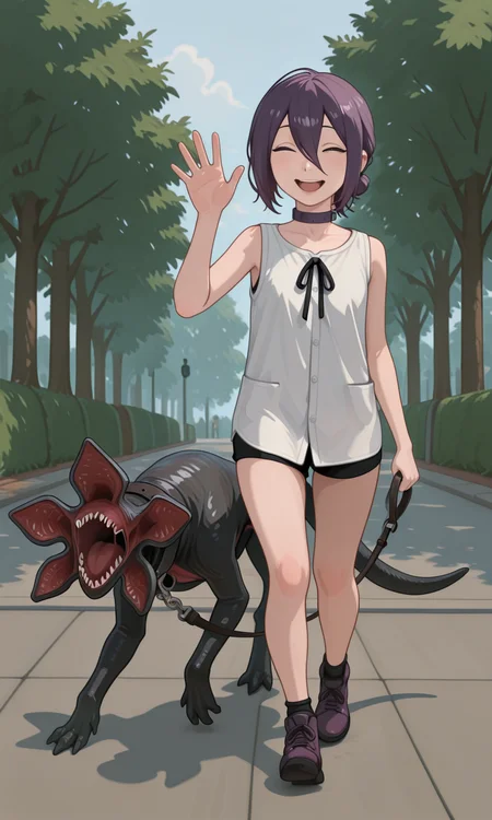 embedding:IllusP0s, g00se, pet collared demogorgon, leash, 1girl, solo, reze, waving, outdoors, black ribbon, button up, white shirt, sleeveless, walking, park<lora:g00se_v2_ill.safetensors:0.9:0.9> <lora:pet collared demogorgon, leash_illustrious.safetensors:1:1>