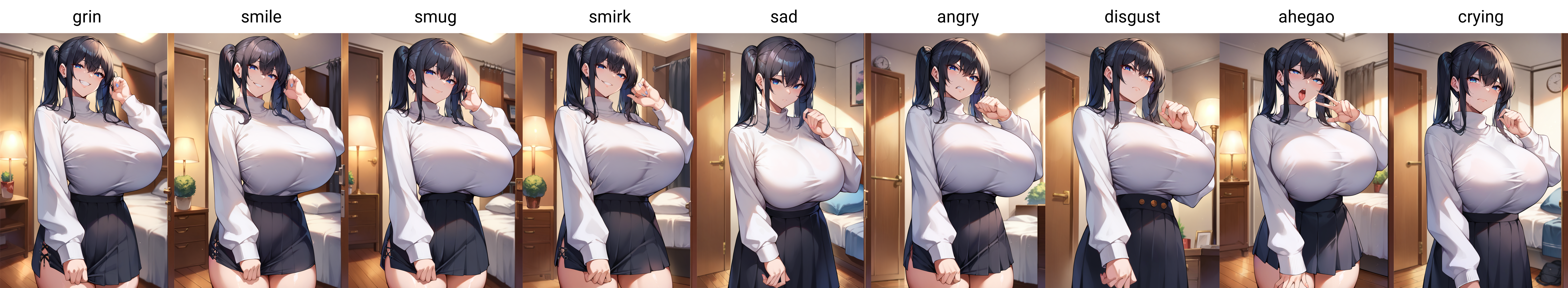 score_9, score_8_up, score_7_up, source_anime, 1girl,blue eyes,twintails, black hair,  turtleneck sweater, white sweater,  black skirt, grin,looking at viewer, from front, bedroom, standing, huge breasts   <lora:Kirome-Style-PonyXL-Dora-000022:1>