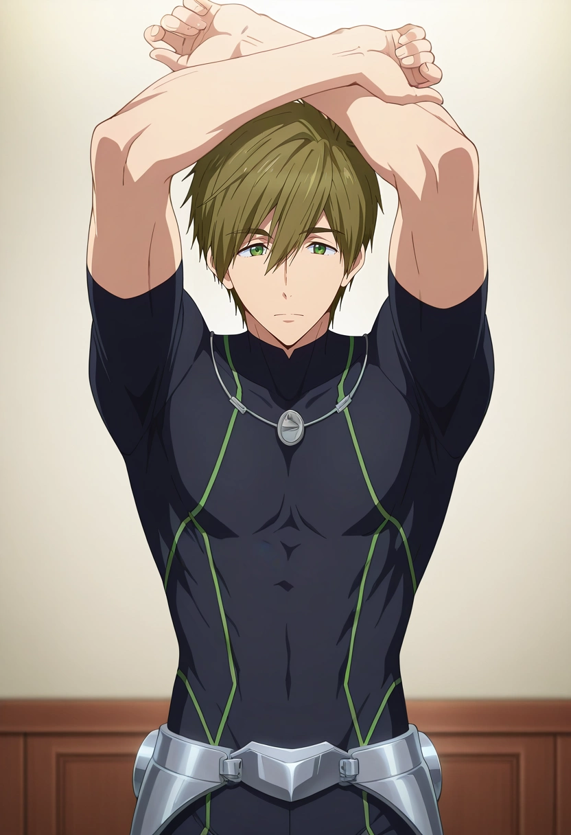 masterpiece, best quality, intricate details, anime screencap, , , looking at viewer, 1boy, solo, male focus, <lora:makoto_tachibana_ilxl:0.98>, makoto_tachibana, brown hair, green eyes, hair between eyes, tachibana makoto, studio with white backdrop, in dramatic pose, arms raised, int, swashbuckler costume