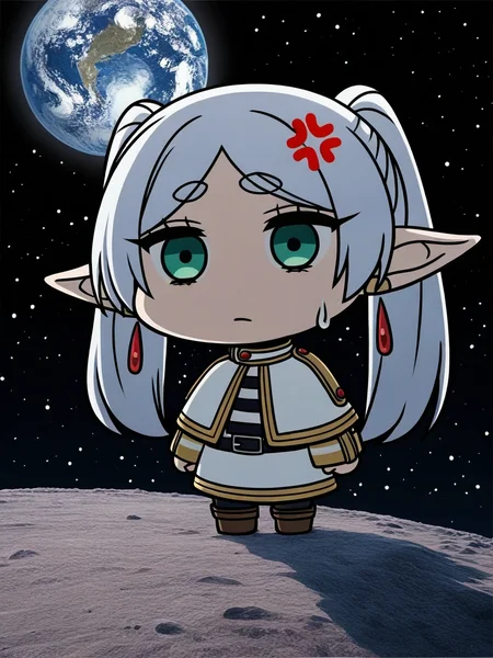 <lora:illustriousXLv01_stabilizer_v1.152:0.6>1girl,green eyes,white hair,frieren,anger vein,chibi,standing on the moon,full body,sweatdrop,exhausted,Earth in background,black background,stars in sky,masterpiece,