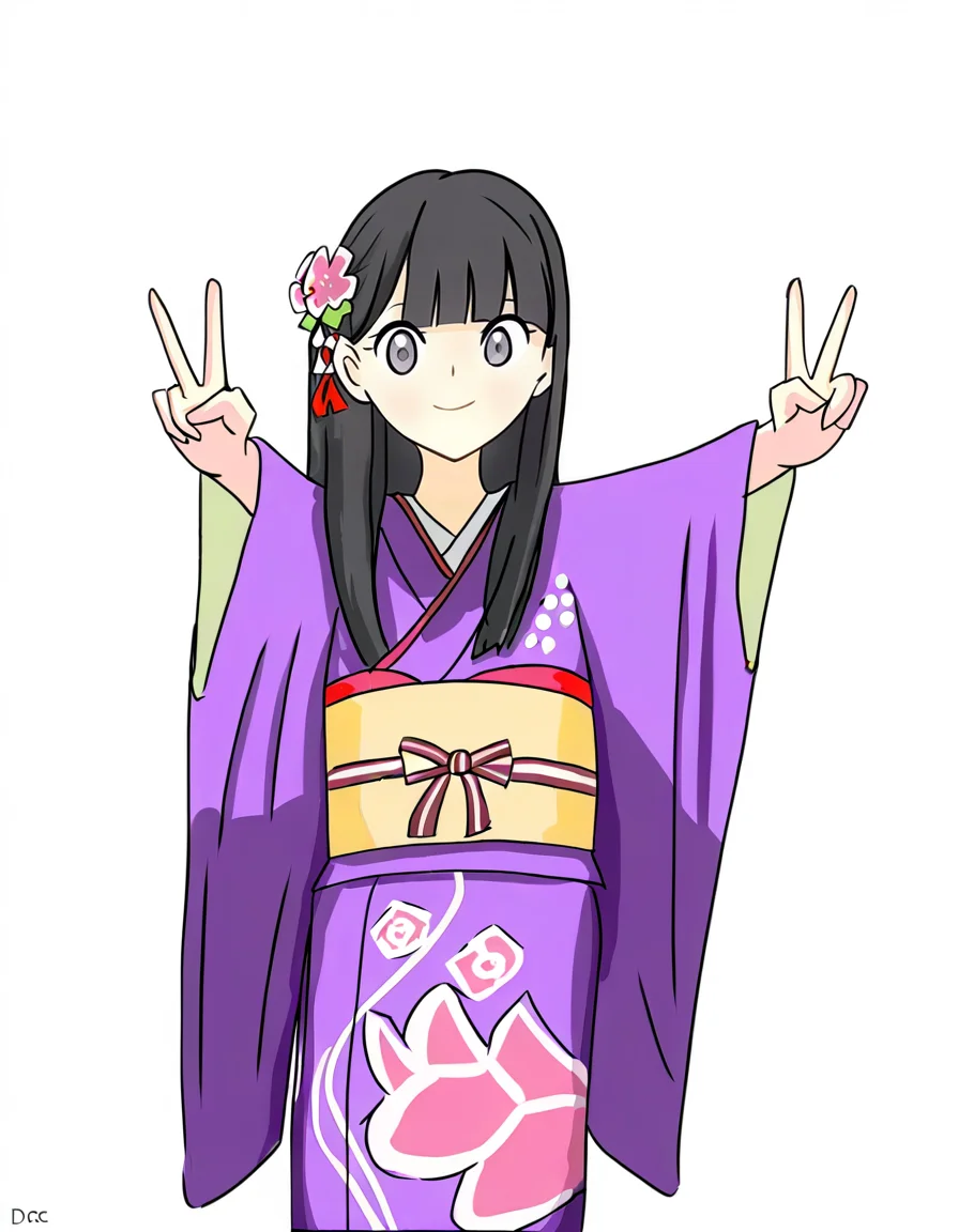 <lora:lijing_noob:1>,skin3,lijing,anotherstyle2,1girl,solo,japanese clothes,kimono,hair ornament,black hair,v,long hair,white background,hair flower,flower,smile,wide sleeves,purple kimono,bangs,double v,long sleeves,sash,obi,simple background,floral print,grey eyes,looking at viewer,closed mouth,blunt bangs,print kimono,
masterpiece,best quality,very aesthetic,absurdres,