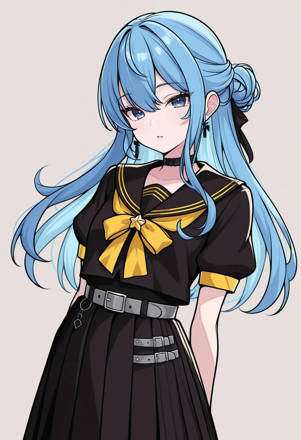 masterpiece, best quality, 1girl, solo, Su1se1Schl, blue eyes, blue hair, long hair, half updo, single hair bun, black serafuku, black shirt, black choker, yellow bowtie, grey belt, black skirt, short sleeves, lineart, traditional media, looking at viewer, parted lips, sketch, monochrome, spot color, limited palette, <lora:ChamHoshimachiSuiseiIllustriousXL:1>