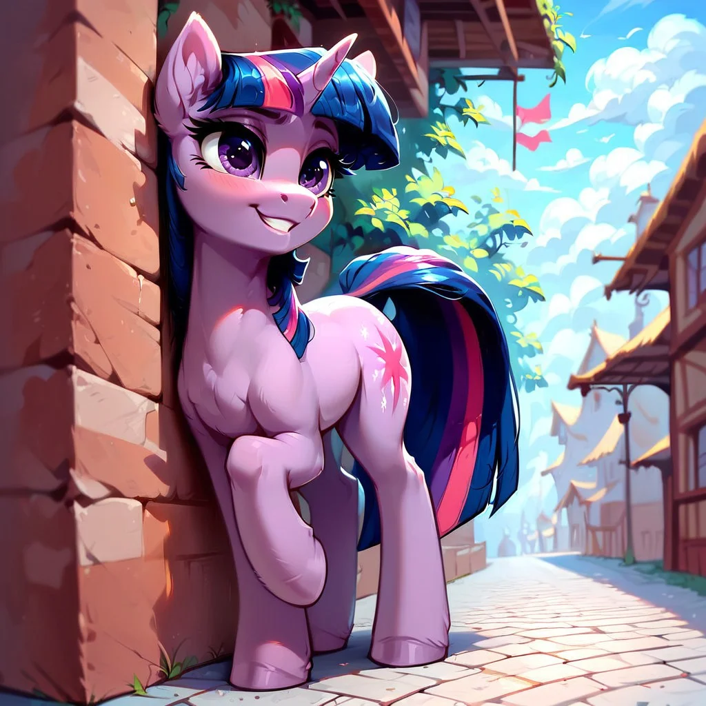 masterpiece, score_9, score_8_up, score_7_up, (best quality:1.1), ultra-detailed, high resolution, 1 girl, pony, highly detailed macro illustration, Twilight Sparkle smiling, blushing, hooves on face, Twilight Sparkle, feral, female, mare, cute, long eyelashes, outside, (((beautiful detailed eyes))), Long eyelashes, fluffy, ear fluff, long eyelashes, (cornering), taking cover, spying, wall, Highly Visible, (((8k))), sharp focus, perfect lighting, anatomically correct, extremely detailed, shine on body, (in the mlp town), high detail, cute face, suspicious facial expression, Expressiveh, detailed background, OverallDetail, zPDXL2, <lora:Corneringv1:0.8>