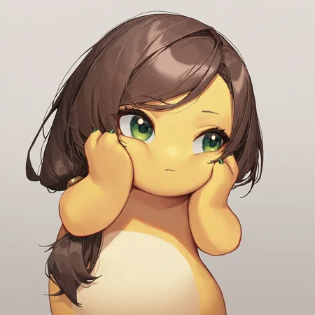 (masterpiece, best quality, high quality, good quality),solo,  brown hair, hair over shoulder,swept bangs, low ponytail,  (nailong:1.2), no humans,yellow skin,pokemon \(creature\), green eyes,hands on own cheeks, <lora:nailong_noob_ep50_v1-000010:1>