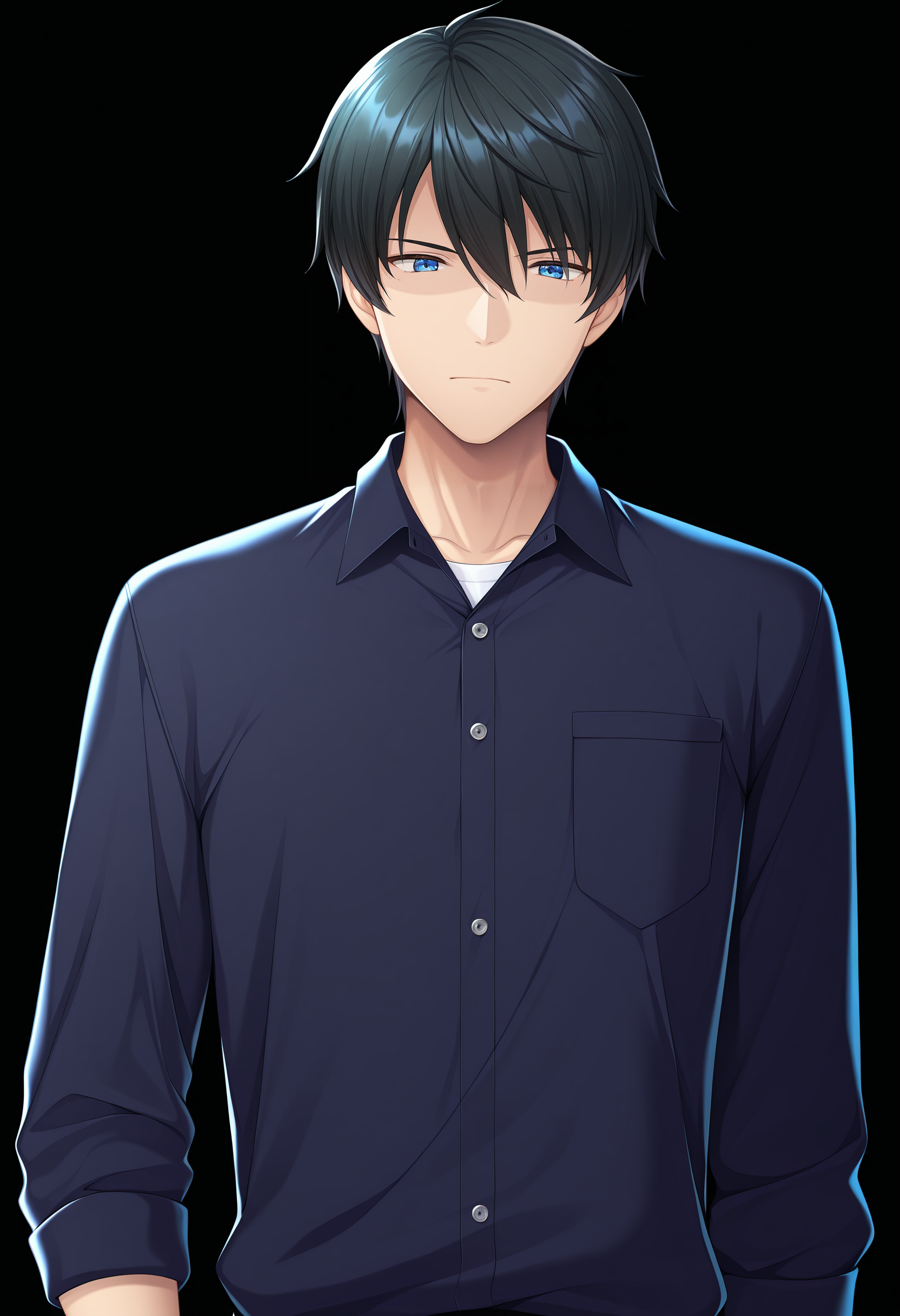 masterpiece, absurdres,amazing quality, best quality, extremely detailed, detailed background, <lora:character_cg:1>,1boy, solo male, faceless male, casual outfit, black hair, blue eyes ,character cg, upper body cg, black background