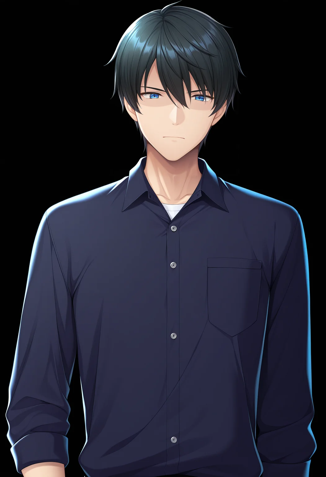 masterpiece, absurdres,amazing quality, best quality, extremely detailed, detailed background, <lora:character_cg:1>,1boy, solo male, faceless male, casual outfit, black hair, blue eyes ,character cg, upper body cg, black background