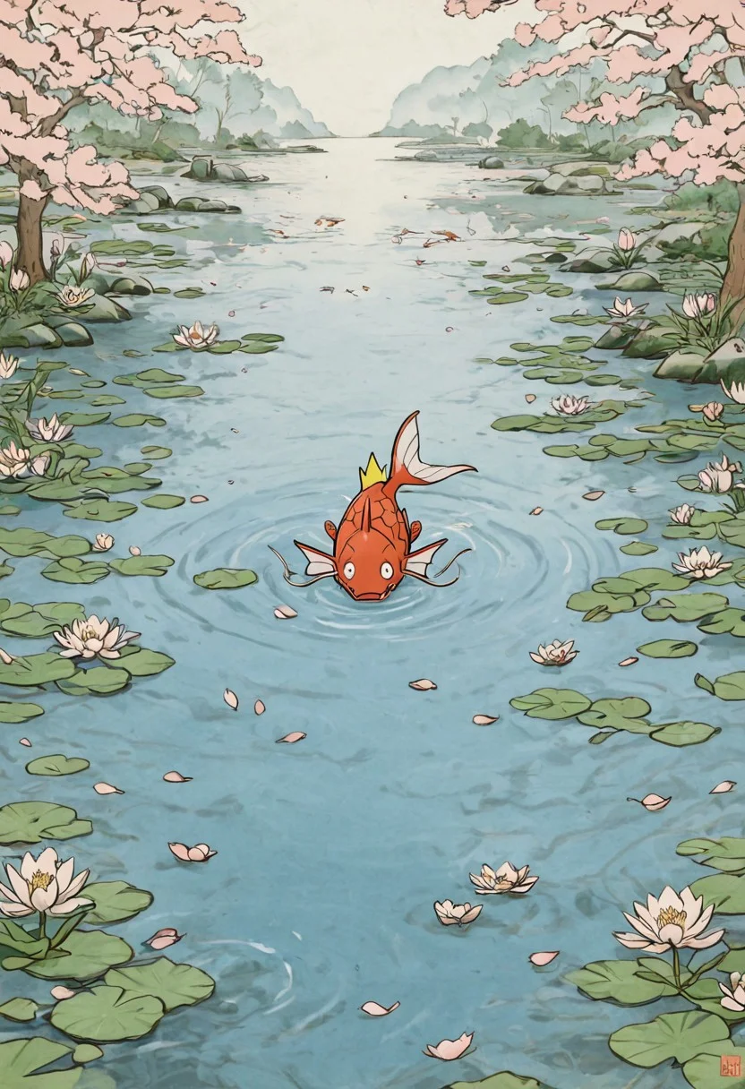 pokemon (creature), shiny magikarp, magikarp (golden), style, thick lines, outline, no humans, koi pond, peaceful ornamental lake, clear water, lily pads, cherry blossom petals floating, reflections on water, ripples, curved swimming poses, soft morning light, zen garden stones, harmony in motion, elegant composition, nature, koi symbolism, stillness and movement, outdoor pond