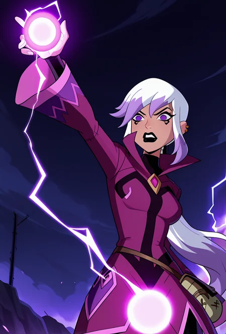 <lora:charmov:1> charmov, long hair, ponytail, , white hair,, 1girl, multicolored hair, purple eyes, ear piercing, two-tone hair, makeup, solo, long sleeves, black lips, purple jacket, long jacket, popped collar, facial expression, dynamic pose,,           <lora:chian_lighting:1> chain lightning, electricity,  electrocution, energy_ball, masterpiece, best quality, amazing quality, very aesthetic, absurdres, newest,