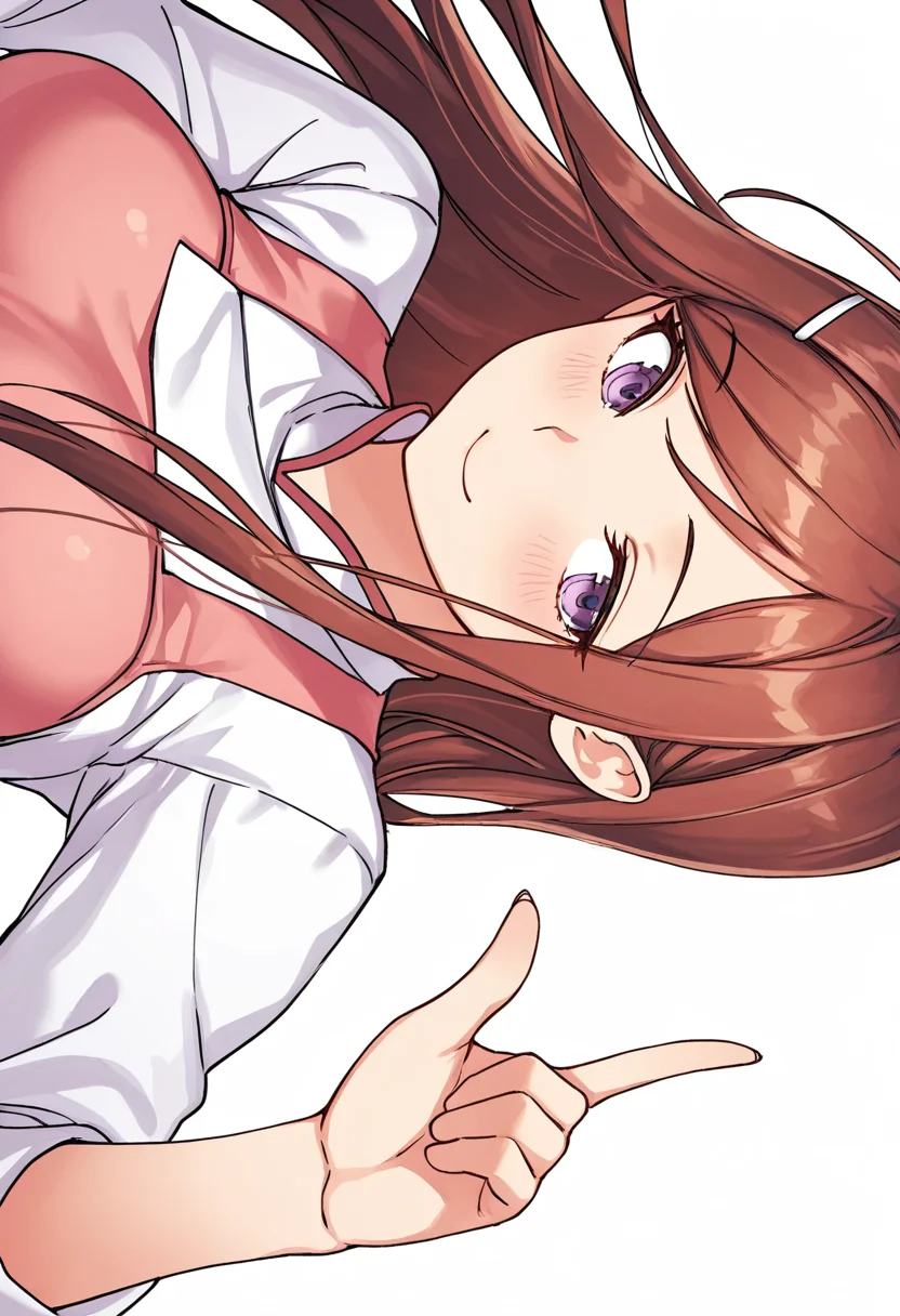Smooth Quality,masterpiece,very intricate, high quality details, ultra realistic, high detailed skin,detailed enviorement,absurdres,
simple background, white background, dancing,skindentation, solo,sideways,pointing up,
 <lora:Dasom_Lee_CNR:0.8> dasom_cnr,  1girl, brown hair, long hair, bangs, purple eyes,hairclip,chef coat,  ,pinafore top,  ,garter straps, ,, blush,, ;3,