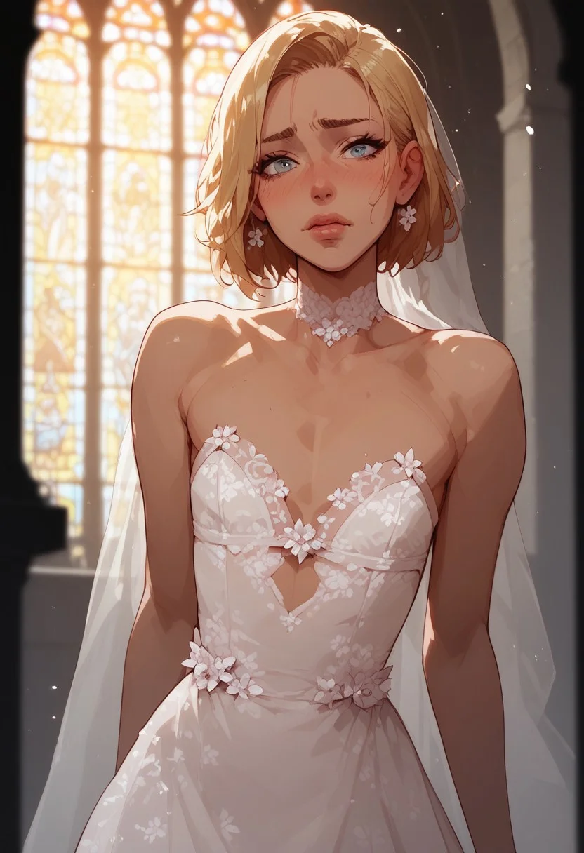 score_9, score_8_up, score_7_up, score_6_up, 2d, (detailed:1.1), (highres, best quality:1.2), hyperdetailed, shallow depth of field, dim lighting, godrays, DOF, aperture. Create 1femboy, (pretty face:1.1), (skinny:1.2), slim body, flat chest under clothing, open chest, cleavage, standing, at altar, white dress, wedding dress, tight dress, blonde hair, longe hair, beautiful stylish hair, shy look, embarrassed, looking at viewer, solo, in church, sun light,