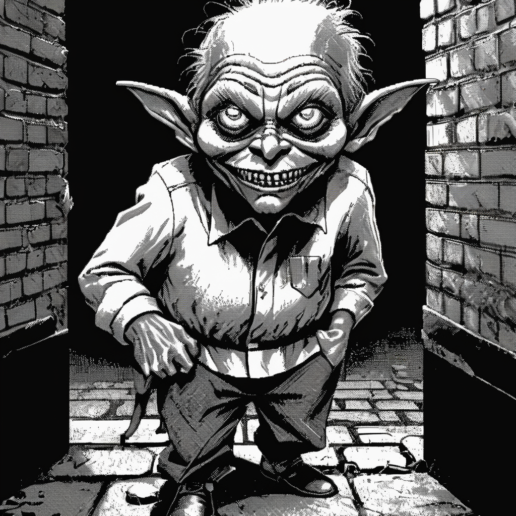 <lora:Macpaint-XL-000015:1>, Macpaint, a black and white pixel image of a creepy goblin up to no good in a dark alley with brick walls and trash, film noir, pixel art, best quality, 80s, masterpiece, dithering