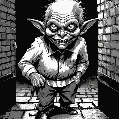 <lora:Macpaint-XL-000015:1>, Macpaint, a black and white pixel image of a creepy goblin up to no good in a dark alley with brick walls and trash, film noir, pixel art, best quality, 80s, masterpiece, dithering