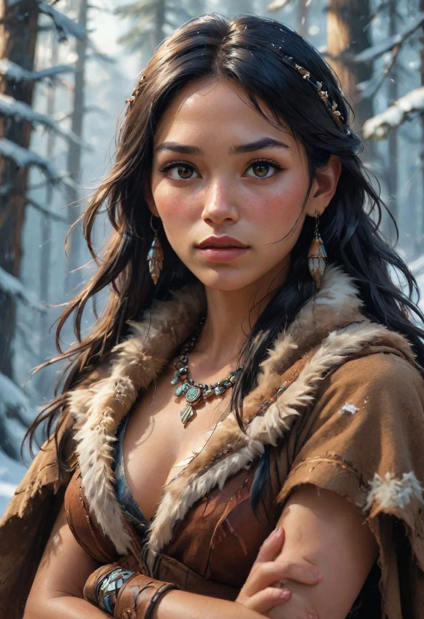 unique perspective, unique angle, comic book angle and perspective, intricate details, hyper-detailed, hyper-realistic, cinematic, depth of field, volumetric light, translucency, concept art, (low saturation:1.5),
North American forest in the winter, 
Portrait, looking at viewer, Cowboy Shot, Upper Body Focus
1 mature woman, 
Disney Pocahontas, Native American Woman, dark skin, long hair, strait hair, (black hair:1.4), necklace, fully covered clothing, hide jacket, hide shirt, hide skirt, sleeves, beads, fur, Native American jewelry, 
(square jaw line:2), (cheekbones:2), (cheek sink:2),
24 Year Old Supermodel
Makeup, freckles, skin imperfections, 
Fake Eyelashes,
fleshy big lips,
slender body,
long legs,
The art draws inspiration from NijiExpress 3D, abstract techniques, AirBrush effects, decorative details, 64k resolution popularized on Artstation, oblin academia, clayton crain, andrea kowch, daniel f. gerhartz, Karol Bak, Luis Royo, calm, andrew yang,