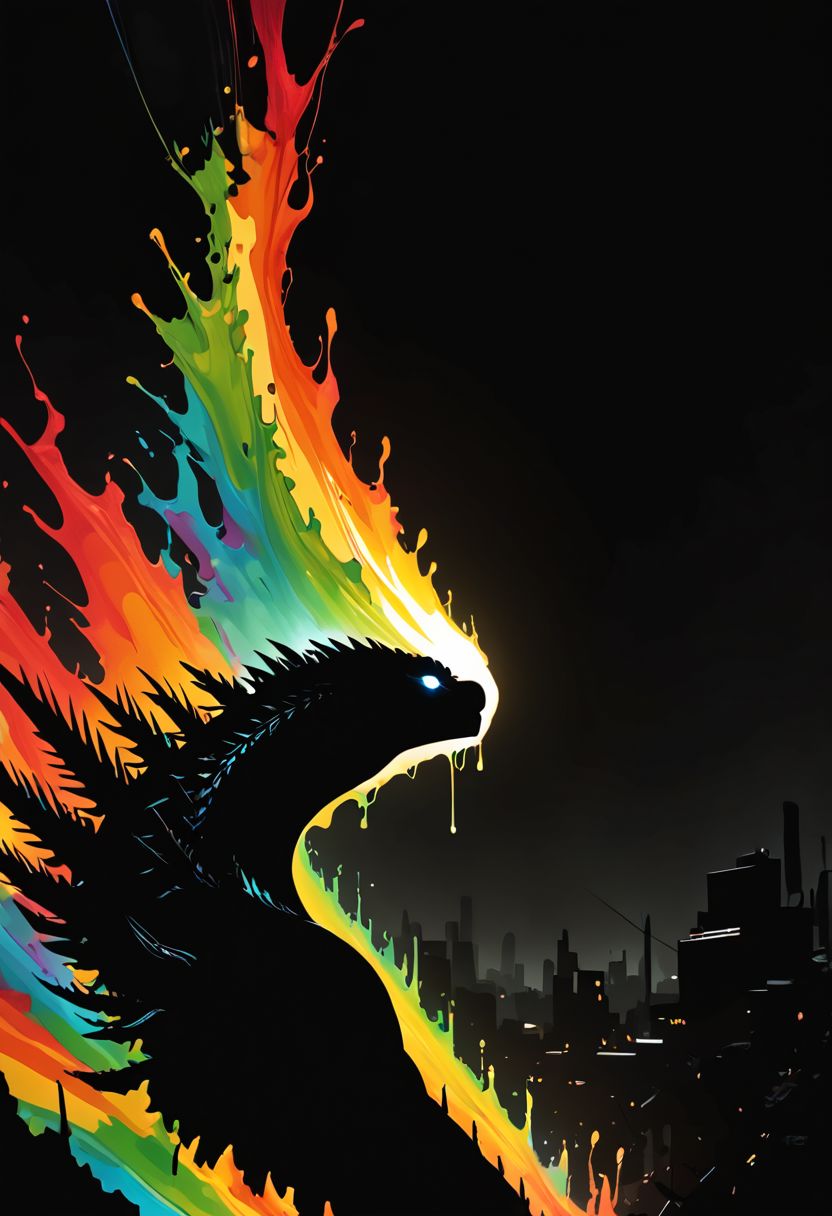 score_9, score_8_up, score_7_up, score_6_up, Godzilla. glowing eyes, giant kaijuu attacking city, spines, open mouth, black background, dark theme, low light, shadows, DonMP41n717Bl4ckXL, black paint, vibrant colours, g0thicPXL, glowing, neon