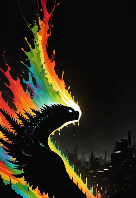 score_9, score_8_up, score_7_up, score_6_up, Godzilla. glowing eyes, giant kaijuu attacking city, spines, open mouth, black background, dark theme, low light, shadows, DonMP41n717Bl4ckXL, black paint, vibrant colours, g0thicPXL, glowing, neon