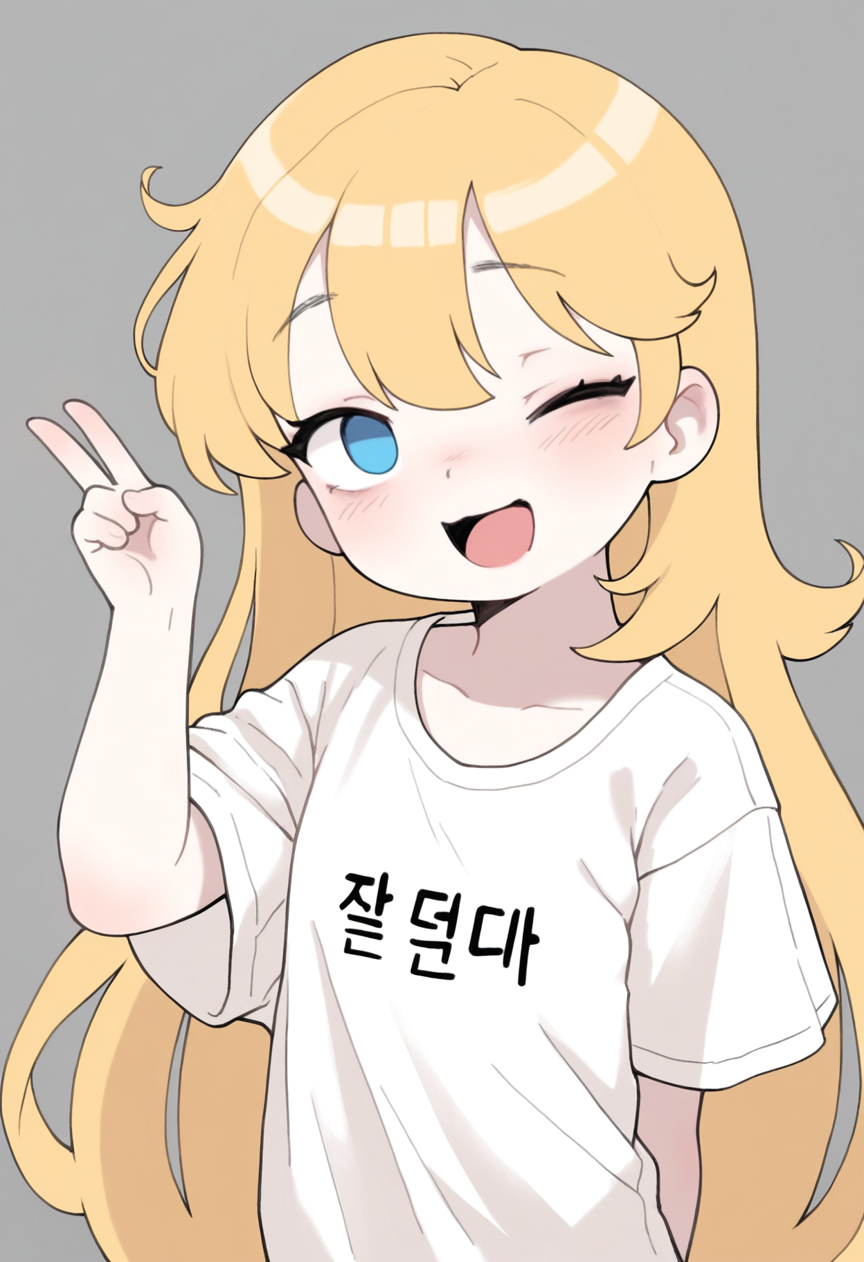 masterpiece,best quality,amazing quality,
1girl, blonde hair, one eye closed, long hair, blue eyes, solo, shirt, smile, v, open mouth, korean text, white shirt, mary (ib), upper body, looking at viewer, t-shirt, bangs, short sleeves, ;d,
 <lora:Qtkat:1>