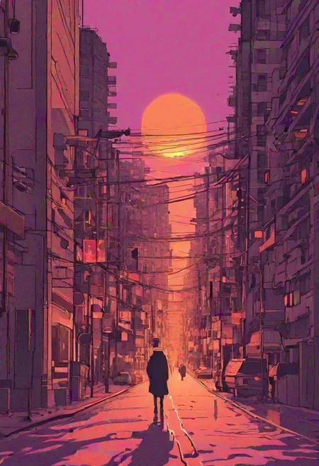 Lo-Fi background
Sketchy Lines
Limited Palette
Imperfections
Expressive Shapes
Muted Tones
Analogous Harmony
Textured Application
Distressed Textures
Low-Tech Materials
Digital Lo-Fi
A lone figure strolled down the deserted street, their footsteps echoing softly against the pavement. The last rays of the sun dipped below the horizon, painting the sky in a mesmerizing blend of deep purple and fiery orange. The city lights began to flicker to life, casting a warm glow on the empty sidewalks and towering buildings. Every detail shimmered with a dreamlike quality, accentuated by the soft hum of distant traffic and the occasional flicker of a neon sign. This was Yofukei at its finest - a melancholic yet strangely beautiful scene where the quiet solitude of the night invited introspection and a yearning for connection amidst the urban sprawl. Every window, bathed in a warm yellow light, hinted at a story waiting to unfold, while the lone figure walking beneath the tapestry of twilight colors became a poignant reminder of the vastness of the city and the fleeting nature of moments.
Empty Street, convenience store ,dim light street light, black anime solo, sky, cloud, indoors, pillow, no humans, window, bed, moon, curtains, building, scenery, sunset, city, sun, cityscape, bedroom, purple sky