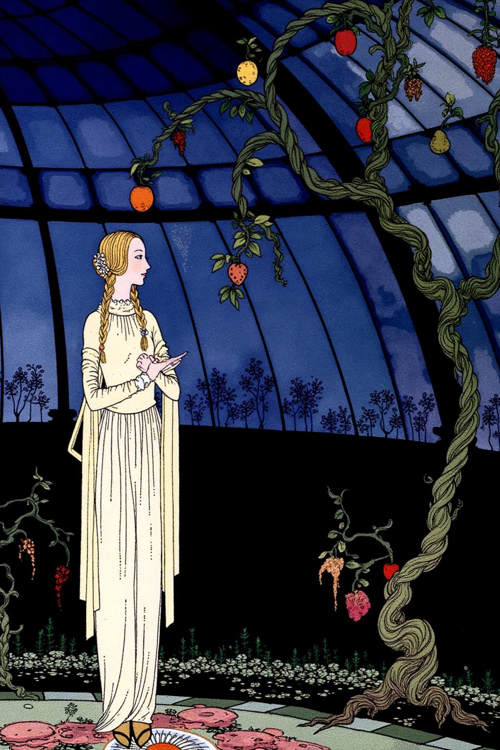 sterrett1 color illustration.
A scene set in a garden with a transparent dome.
On the left stands a woman, shown in side profile. She has long, flowing hair styled in two braids and is dressed in a flowing, off-white, medieval-style gown with a high neck and long, wide sleeves. On the right is a fruit tree with a gnarled trunk.
 <lora:sterrett1_cap_d6a3e8:1.0><lora:837014703080298126:0>