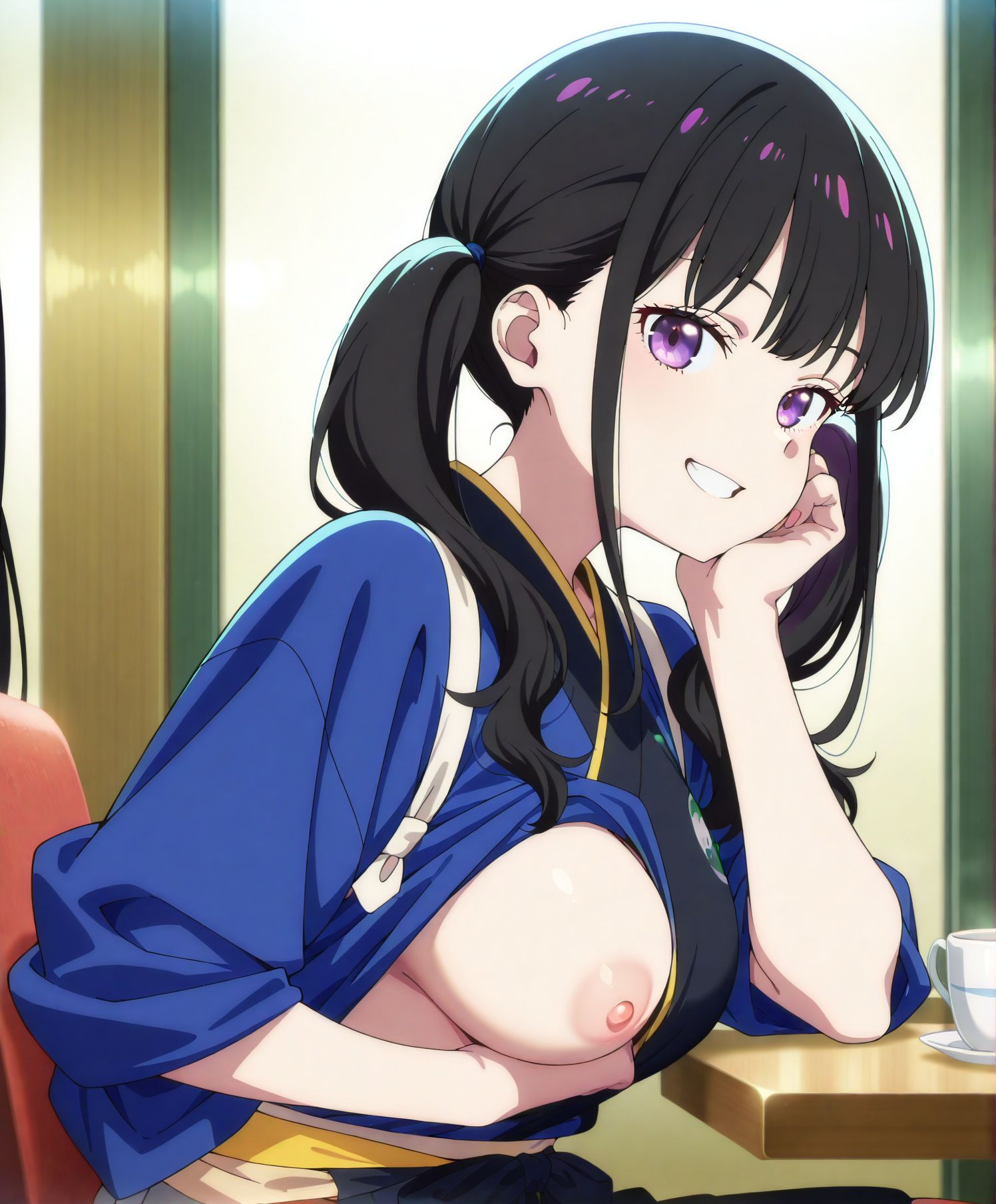 <lora:add-detail-xl:0.5>,masterpiece, best quality, newest, absurdres, highres, detailed eyes, beautiful, detailed background, perfect eyes, anime coloring, anime screencap,
<lora:flashing_breasts_Illustrious-000039:0.5>flashing_breastsV1,
oppai challenge, presenting breasts, looking at viewer, grin,
flashing, one breast out, from side, sitting, head rest,
lifting own clothes, no bra, nipples, clothes pull,    
official art, 
<lora:Inuoe_Takina:1>, takina, black hair, twintails, purple eyes, blue japanese clothes, rolled up sleeves, , lycoris recoil, 
20 YO,milf,adult,