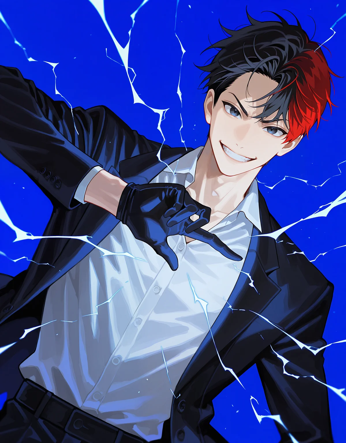 masterpiece, best quality, newest, highres, absurdres, <lora:bl4ckb0x_illu:1>, bl4ckb0x_style, 1boy, male focus, gloves, solo, smile, shirt, blue background, white shirt, upper body, electricity, short hair, black gloves, jacket, black hair, collared shirt, looking at viewer, red hair,dynamic composition,dynamic pose, dutch angle,