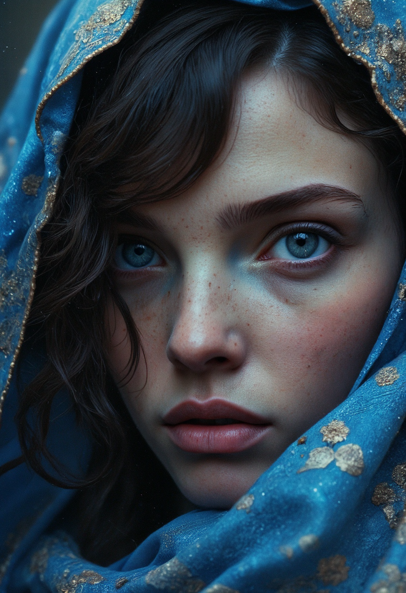 cinematic still hyperrealistic art A mesmerizing portrait capturing the essence of timeless beauty ----  Blue was her raiment as the unclouded heaven, but her eyes were as the starlit evening; her mantle was sewn with golden flowers, but her hair was as dark as the shadows of twilight. As the light upon the leaves of trees, as the voice of clear waters, as the stars above the mists of the world, such was her glory and her loveliness; and in her face was a shining light,
ethereal elf , fantasy
f<lora:Dever_Flux_Enhancer:0.85> <lora:Anime v1.3:1.3>  <lora:Movie_Portrait:0.6> . emotional, harmonious, vignette, highly detailed, high budget, bokeh, cinemascope, moody, epic, gorgeous, film grain, grainy