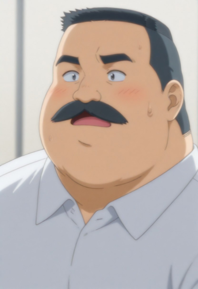 (masterpiece, best quality, amazing quality, detailed background,) hige_habahiro, 1boy, mature male, male focus, black short hair, crew cut, fat face, thick eyebrows, mustache, no mouth, fat, chubby, obese, big pec, big belly, white short sleeves, 1boy, male focus, mustache, solo, facial hair, blush, fat, sweat, thick eyebrows, upper body, open mouth