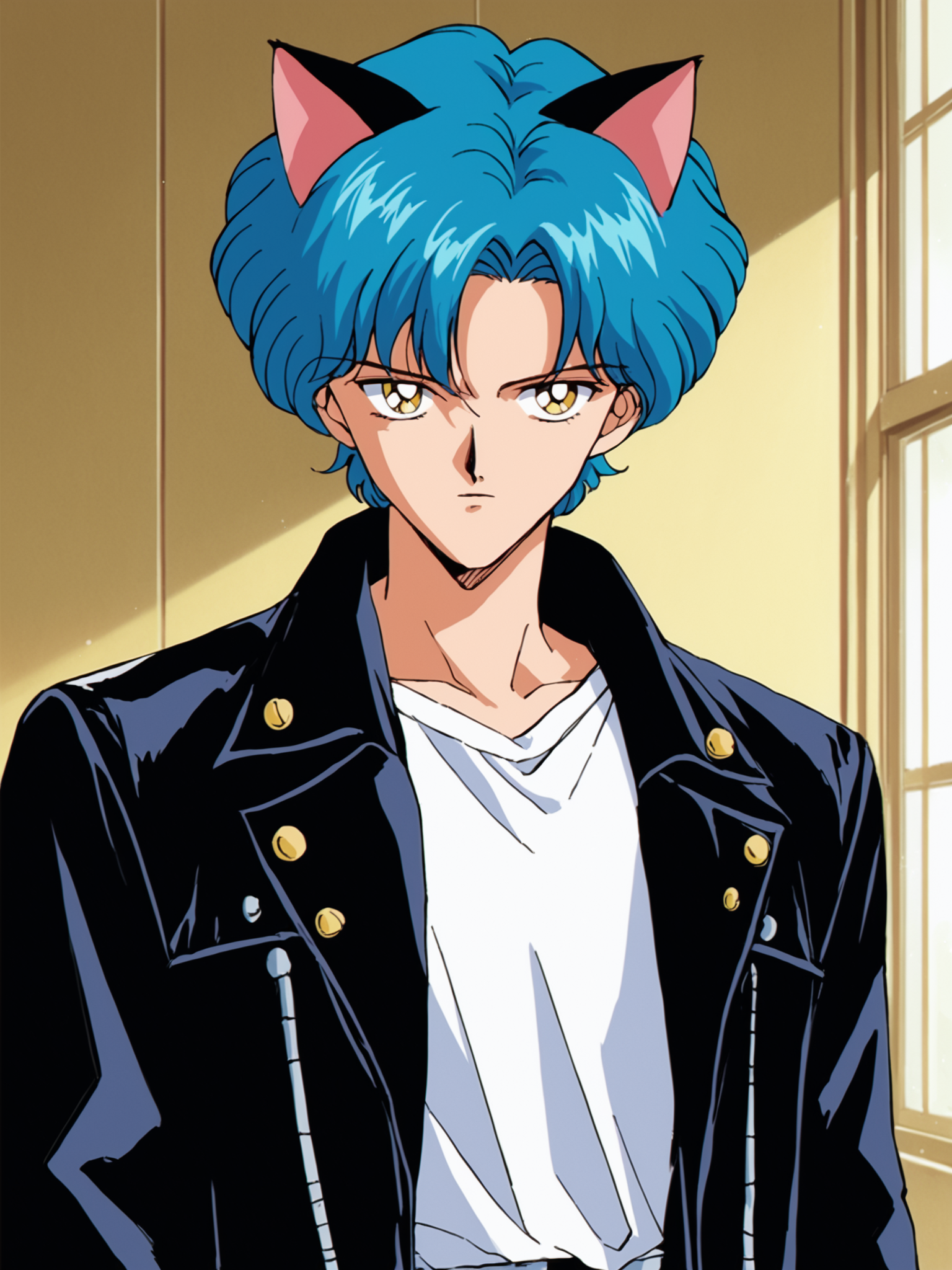 1990s (style), anime coloring, sm90s, 1boy, male focus, solo, yellow eyes, blue hair, shirt, cat ears, white shirt, leather, upper body, jacket, black jacket, open jacket, open clothes, looking at viewer, indoors, retro art style, retro anime, BREAK PonyXLV6_Scores , <lora:SM90sPDXL_r1:0.8>