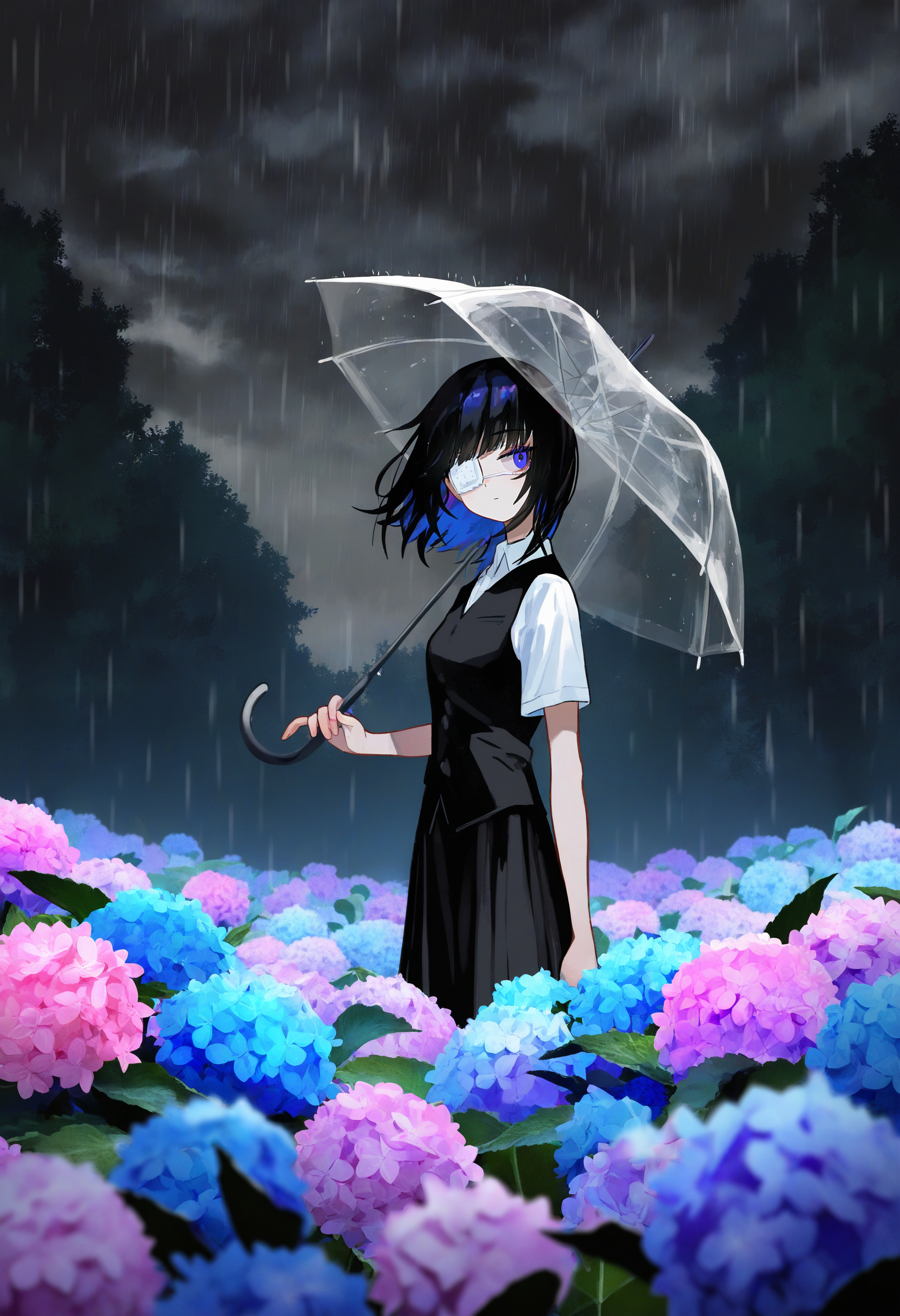 artist:[takarai shunsuke|yoneyama mai|fuzichoco|lam \(ramdayo\)|diyokama|xixun|ponsuke kaikai], flower field, pink flower, blue flower, 
1girl, solo, hydrangea, black hair, long hair, holding umbrella, transparent umbrella, short sleeves, white shirt, medical eyepatch, bags under eyes, forest, standing, collared shirt, short hair, black skirt, purple flower, rain, black vest, closed mouth, long eyelashes, colored eyelashes, looking to the side, scenery, wide shot, tree, outdoors, dark, cloudy sky,
masterpiece, best quality, very aesthetic, absurdres
<lora:noobai_vpred_1_flower_field_v1:1>
<lora:noobai_vpred_1_masterpieces_v1:1>