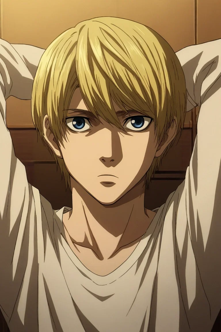 zPDXL, score_9, score_8_up, score_7_up, rating_safe, intricate details, looking at viewer, , 1boy, armin arlert, shingeki no kyojin, blonde hair, blue eyes, solo, wide angle, wide shot, full body, dojo, dawn, arms behind head, expressionless, <lora:death_note_style_pony:1.12>, death_note_style, , <lora:sdxl_lightning_8step_lora:1>