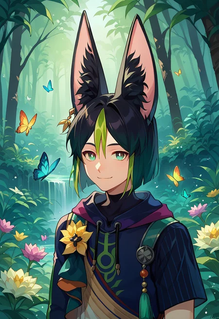 score_9, score_8_up, score_7_up, source_anime, highly detailed,
Tighnari, 1boy, male focus, solo, fox boy, animal ears, animal ear fluff, fox ears, fox tail, multicolored hair, streaked hair, blunt ends, hair between eyes, black hair, green hair, bangs, green eyes, multicolored clothes, hoodie, hood, blue hoodie, drawstring, asymmetrical sleeves, gloves, black gloves,
outdoor, rainforest, plants, flowers, bugs, butterfly, upper body, smile, closed mouth,